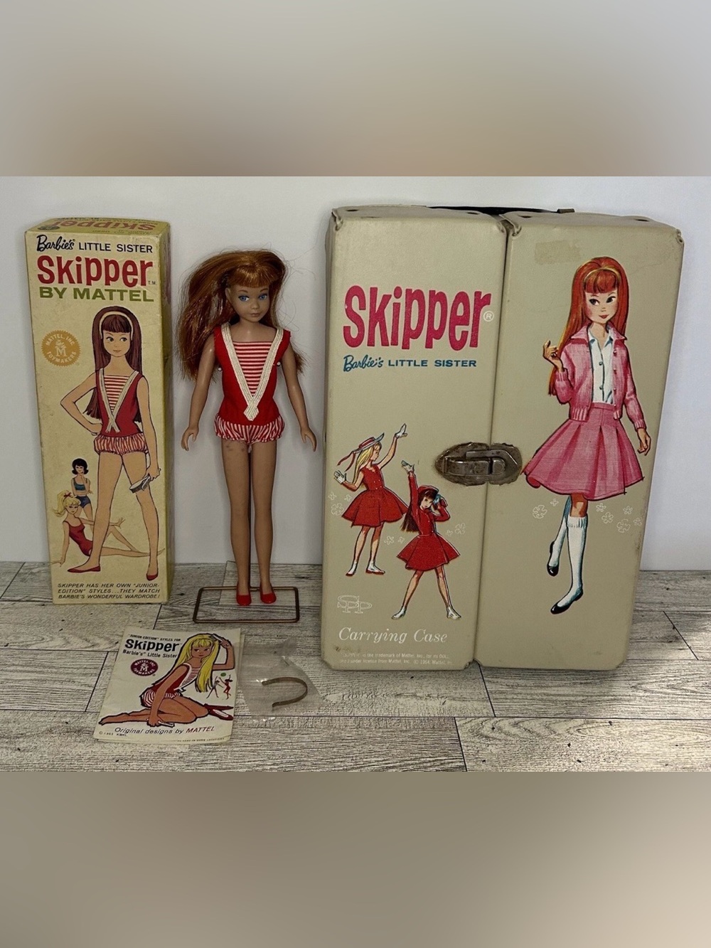 Vintage Barbie SKIPPER Titian Red Hair Swimsuit Doll Original Box, Stand & Case